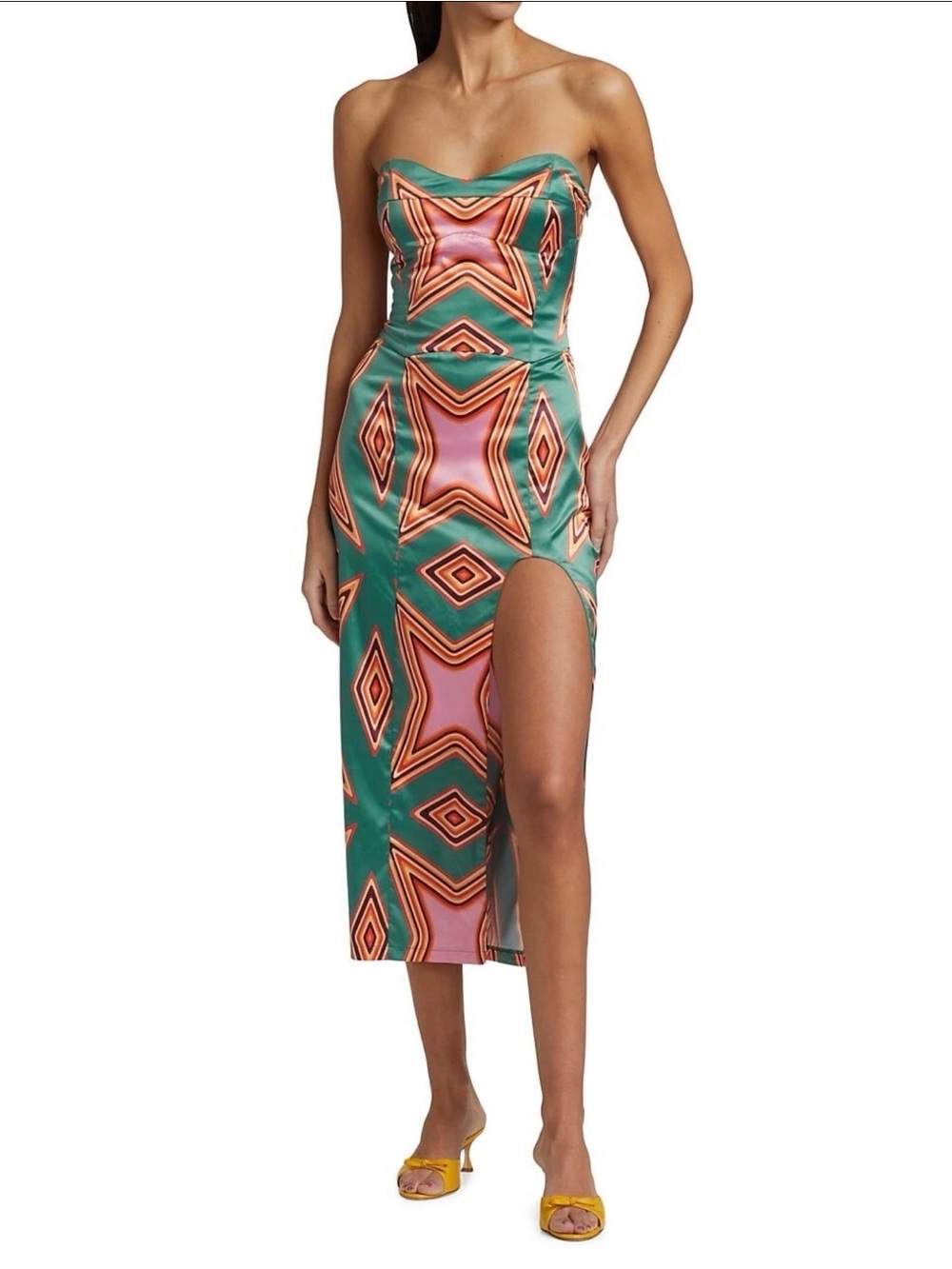 Claude Kamen Strapless Midi Dress — Teal with Coral & Navy Geometric Print